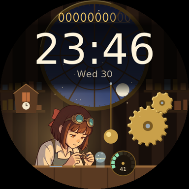 Clockwork Atelier at 23:40, lamp tinker pose