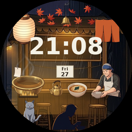 Lantern Hour at 21:08, Gen serving at his night noodle stall in the rain