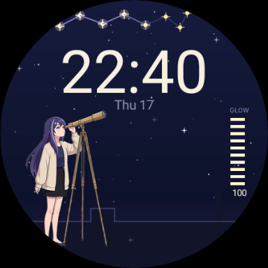 Star Chart at 22:40, Mira at her telescope under the stars